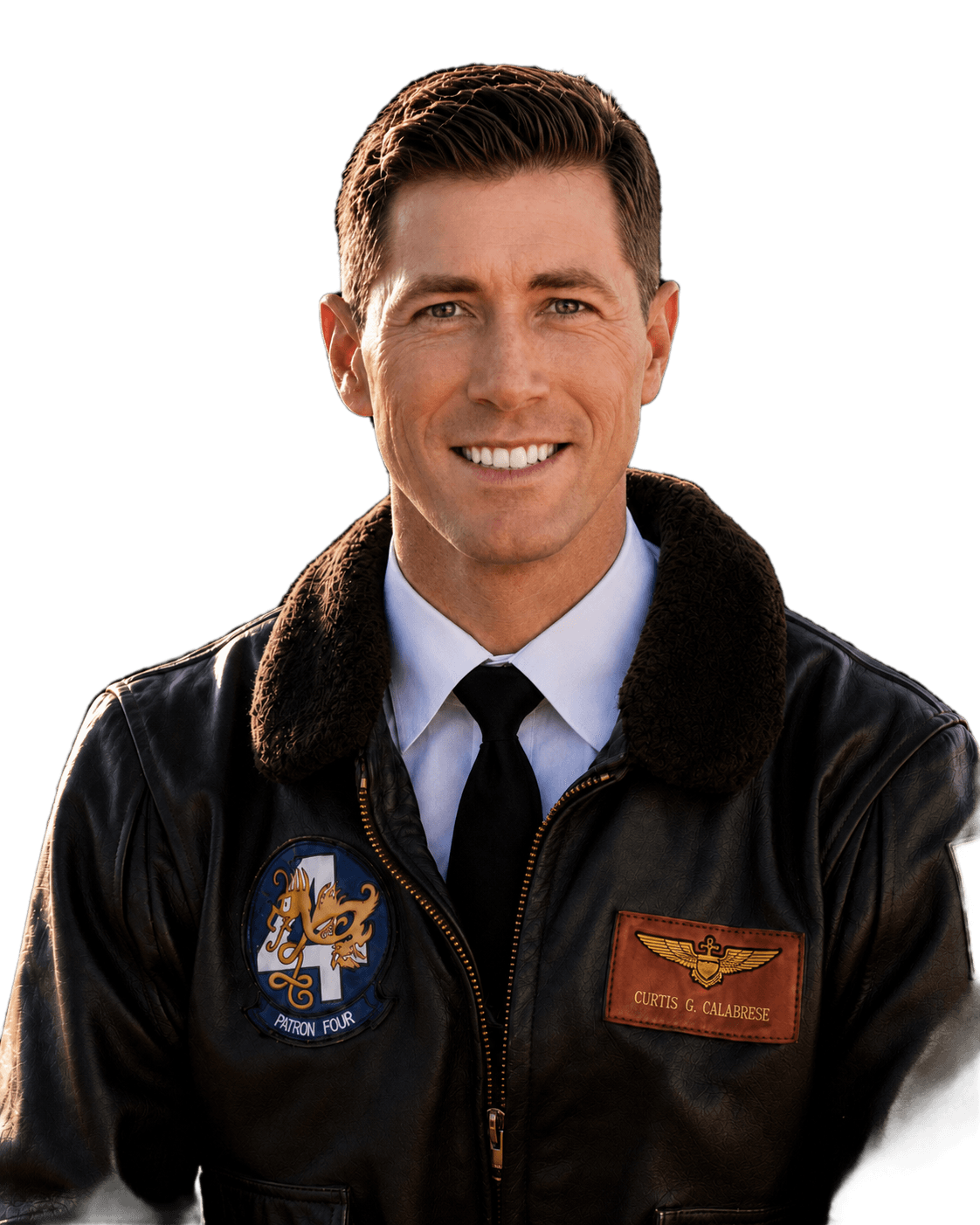 Curtis Calabrese wearing his Navy pilot leather jacket